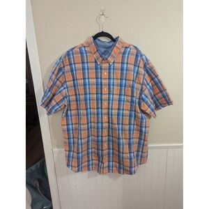 IZOD Saltwater Seaport Poplin Shirt Mens 2XL Orange Blue Plaid Short Sleeve